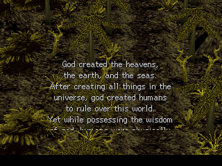 Legend of Legaia (PlayStation) screenshot: Text-only intro. At least they got their theology right!..