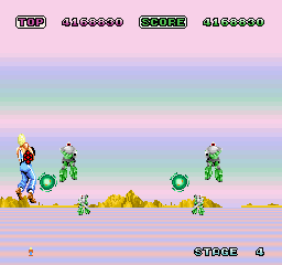 Space Harrier (Sharp X68000) screenshot: Stage 4, hey it's that robot from the title screen