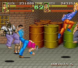 64th. Street: A Detective Story (Arcade) screenshot: This kind of special attack is only possible in co-op