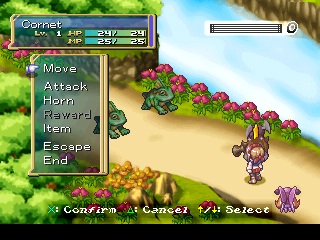 Rhapsody: A Musical Adventure (PlayStation) screenshot: Battle in a forest. Options