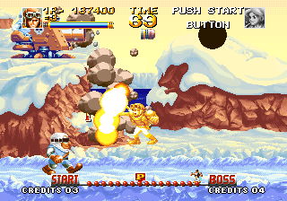 Top Hunter: Roddy & Cathy (Neo Geo) screenshot: Breaking a wall for a hidden entrance to a bonus game