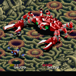 Viewpoint (Sharp X68000) screenshot: Second boss is a giant crab that shoots bubbles at you