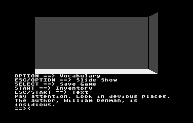 Asylum II (Atari 8-bit) screenshot: A word of advice... or is it a warning?