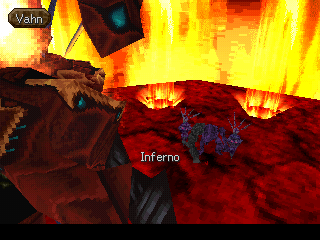 Legend of Legaia (PlayStation) screenshot: Vahn's fire-based monster unleashes Inferno on the entire enemy party
