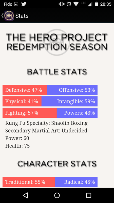 The Hero Project: Redemption Season (Android) screenshot: Stats screen