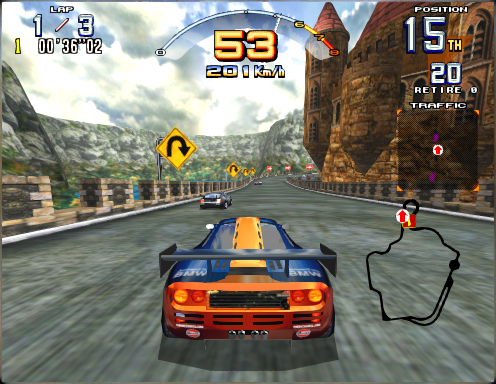 Sega Super GT (Arcade) screenshot: Expert circuit gameplay with McLaren F1