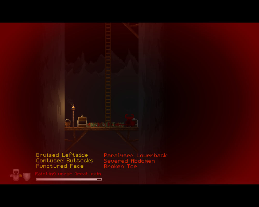 Regions of Ruin (Windows) screenshot: Screen is red and you flash red when badly hurt. Killed many though.