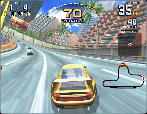 Sega Super GT (Arcade) screenshot: Beginner day circuit gameplay with Porsche 911