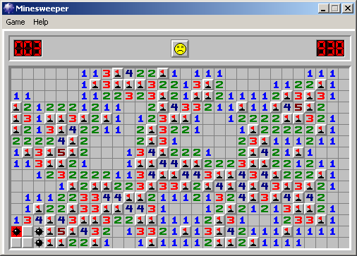 Microsoft Windows XP (included games) (Windows) screenshot: Can Minesweeper illustrate your life? Expert level, flawless run, stumbled just a moment before winning...