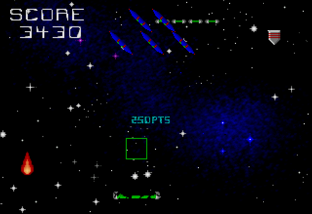 Mad Bodies (Jaguar) screenshot: You can destroy them, however, if you destroy a formation of five enemies before they leave, you win 250 points.