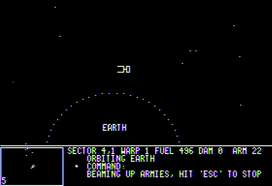 Titan Empire (Apple II) screenshot: Beaming up some armies, after respawning at Earth.