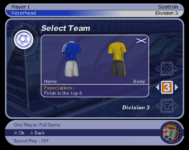 LMA Manager 2002 (PlayStation 2) screenshot: The team selection screen. The same screen is used whether the full game or one of the challenges is played. Teams are selected by country, division, and then by name