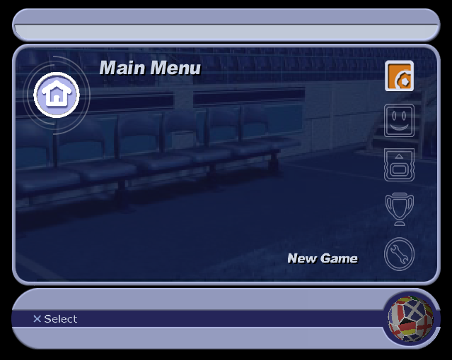 LMA Manager 2002 (PlayStation 2) screenshot: The game's main menu is pretty sparse. From top to bottom the icons represent New Game, Friendly match, Load Game, View High Scores, and Options