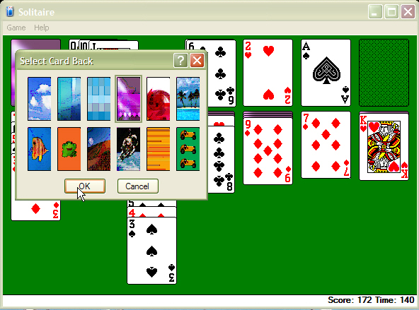 Microsoft Windows XP (included games) (Windows) screenshot: Solitaire deck selections