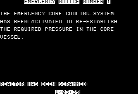Three Mile Island (Apple II) screenshot: Emergency notice: reactor is scrammed!