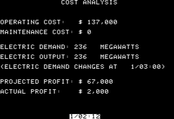 Three Mile Island (Apple II) screenshot: Monitoring the facility's finances