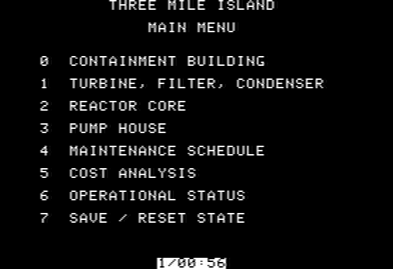 Three Mile Island (Apple II) screenshot: The main menu