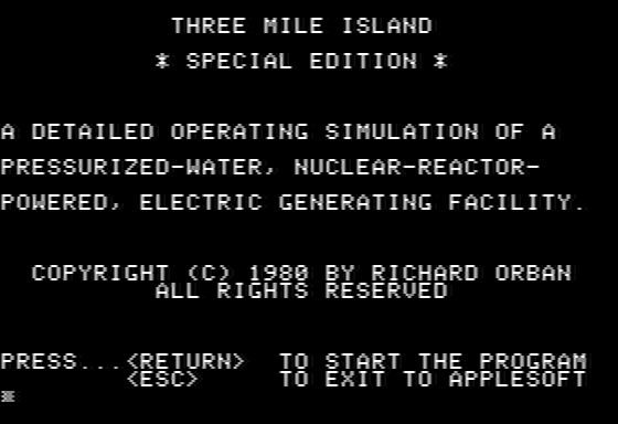 Three Mile Island (Apple II) screenshot: Title screen