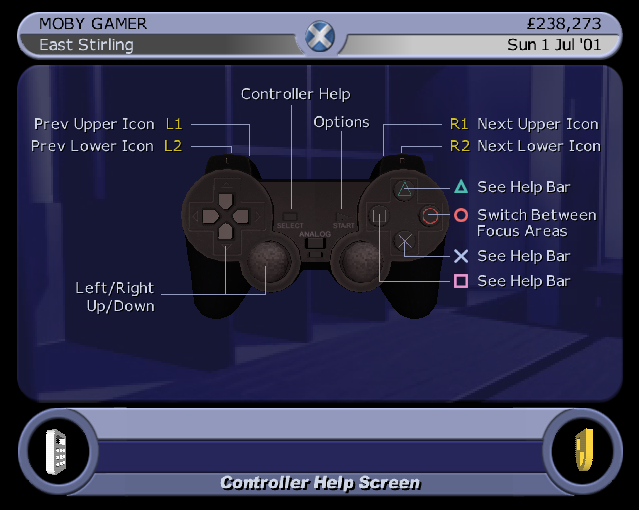 LMA Manager 2002 (PlayStation 2) screenshot: In-game help showing what the buttons do. Always welcome.