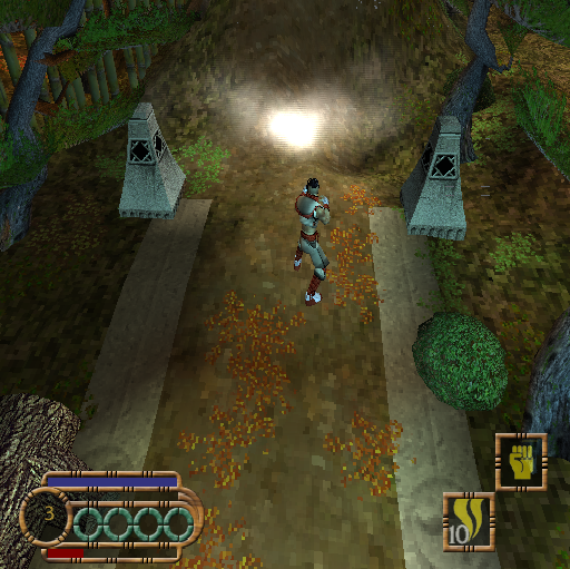 Godai: Elemental Force (PlayStation 2) screenshot: In addition to baddies there are obstacles such as these gateposts that belch steam or something just as deadly. Beyond them are pillboxes that shoot arrows