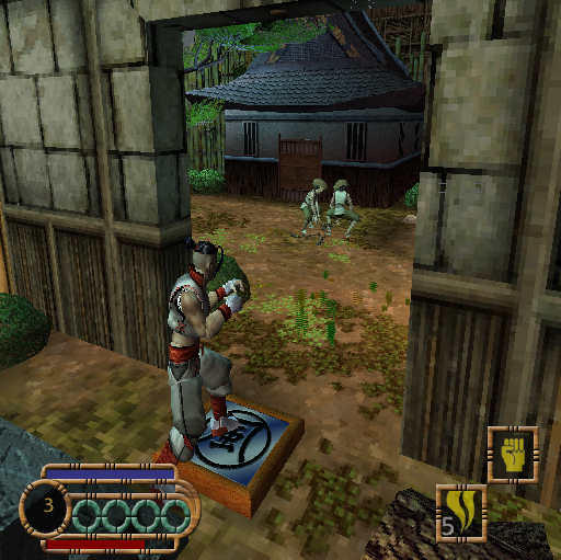 Godai: Elemental Force (PlayStation 2) screenshot: Sometimes Hiro needs to step on stones like this to open doors. In the distance there's some flesh eating zombie-like baddies