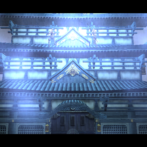 Godai: Elemental Force (PlayStation 2) screenshot: The first major level is the Wind element. As with other elements it starts with an animated sequence, this shows the Wind temple with a couple of guards on the central roof