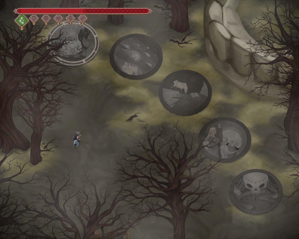 Jotun (Windows) screenshot: Creation myth, swampy area and Ymir's teeth.