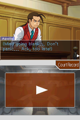 Apollo Justice: Ace Attorney (Nintendo DS) screenshot: Your first case, so you are nervous.
