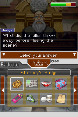 Apollo Justice: Ace Attorney (Nintendo DS) screenshot: The judge is expecting an answer, and your life bar is going to take a hit if you make the wrong choice.