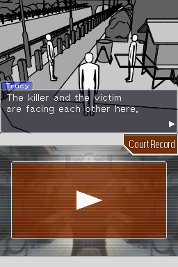 Apollo Justice: Ace Attorney (Nintendo DS) screenshot: An animated representation of the crime scene.