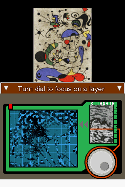 Apollo Justice: Ace Attorney (Nintendo DS) screenshot: Forensic fun continues: here you use the X-Ray scanner to find what's drawn on this canvas below the layer of paint.