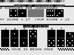 Dominoes (ZX81) screenshot: The upper row shows the chain