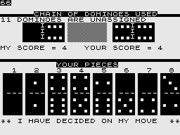 Dominoes (ZX81) screenshot: Computer move is shown