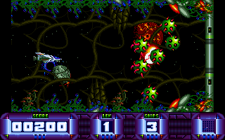 Nucleus (Amiga) screenshot: Fighting off Waves of strange attackers.
