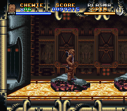 Super Star Wars: The Empire Strikes Back (SNES) screenshot: Cloud City is full of dangers! Now Chewbacca needs to find C3PO