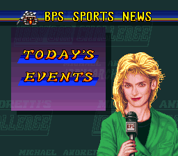 Michael Andretti's Indy Car Challenge (SNES) screenshot: Nice hair but those eyes... meh. I won't bang her.