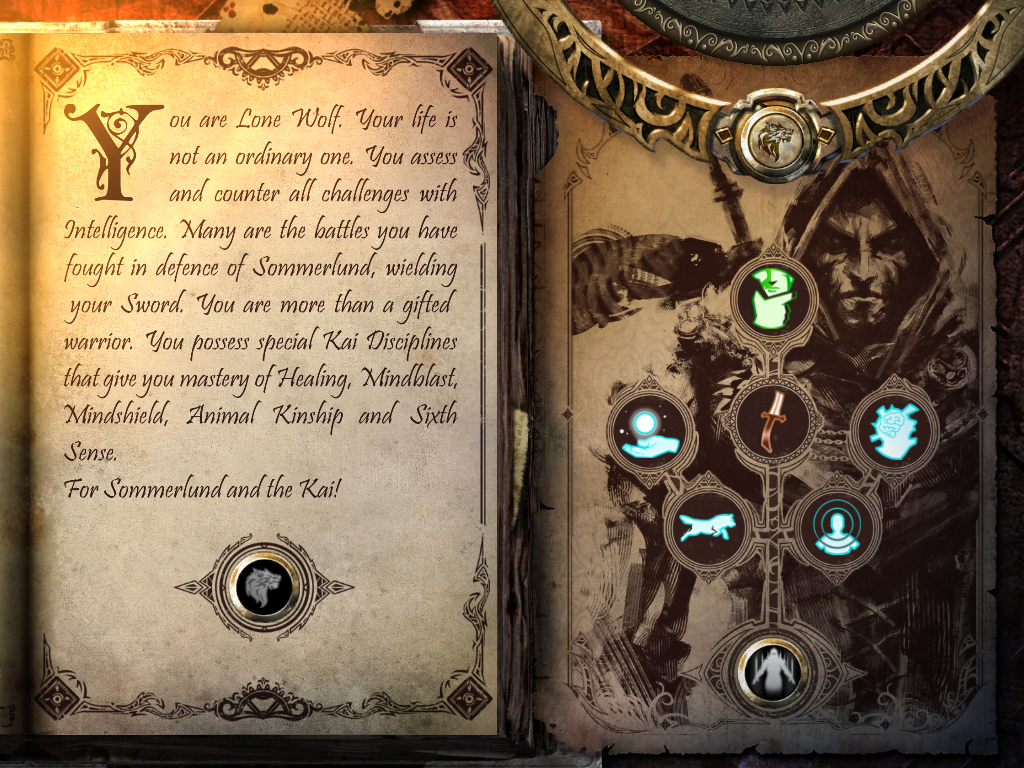 Joe Dever's Lone Wolf (iPad) screenshot: Sum-up of your character before beginning your journey