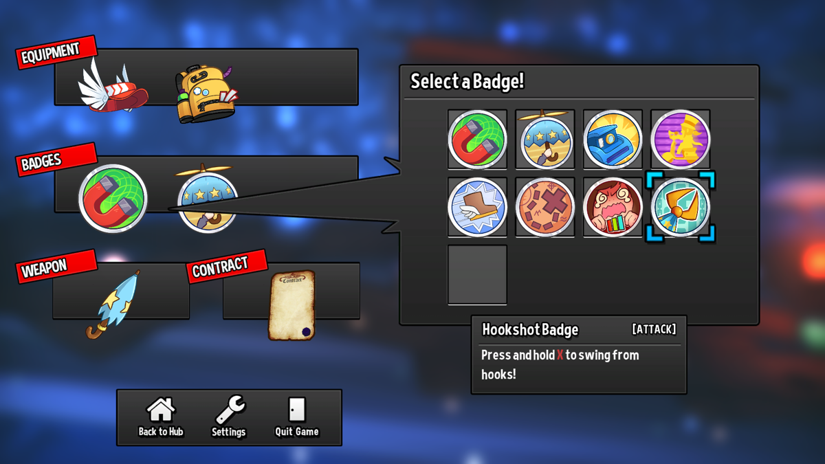 A Hat in Time (Windows) screenshot: Selecting a badge via menu