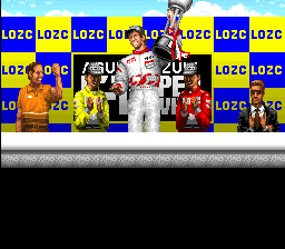 Redline: F1 Racer (SNES) screenshot: Celebrating. This trophy seems to be heavy. The credits will appear in few seconds. Some MobyGames users dislike screenshots showing the credits. Fortunately this one is not showing anything.