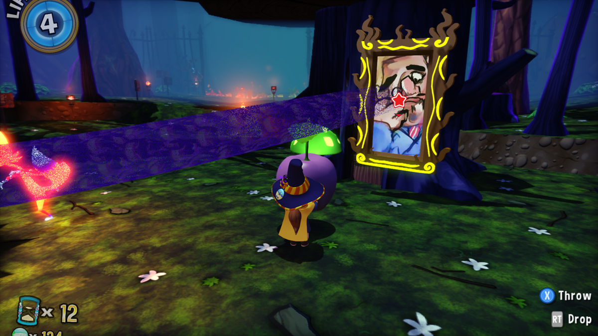 A Hat in Time (Windows) screenshot: I need to light up the apple and free the portrait to throw it in the fire to let the fire foxes die.. Makes no sense? Well, go play the game yourself!