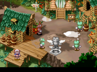 Rhapsody: A Musical Adventure (PlayStation) screenshot: You visit a FROG village. All the inhabitants here are FROGS. What's wrong? You got a problem with that?..