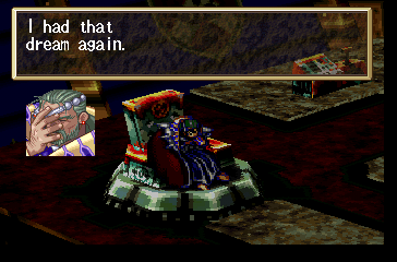 Grandia (PlayStation) screenshot: Yeah, I know, this happens to me too when I drink too much vodka. ... ... By the way, this is General Baal, the game's main villain, and he first character you see in-game