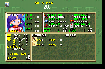 Grandia (PlayStation) screenshot: Character status screen. This is the obligatory underage girl with the obligatory cute pet
