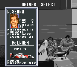 F1 Pole Position 2 (SNES) screenshot: The driver Ayrton Senna was actually created by me.