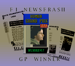 Human Grand Prix III: F1 Triple Battle (SNES) screenshot: Ok... now talking more seriously... Winning a Grand Prix. News Frash.