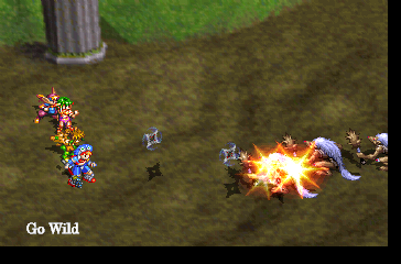 Grandia (PlayStation) screenshot: Set the party tactics to "Go Wild" - Feena here hurls shurikens at the enemy as a special move