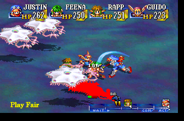 Grandia (PlayStation) screenshot: Much later, about halfway through the game - a more experienced party fights physically. Note the dynamism. I've set the tactics on "Play Fair"