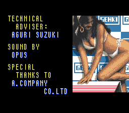 Final Stretch (SNES) screenshot: This screenshot is not about the game credits. It is about woman beauty. Curves. Sexiness. Get it?