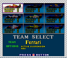 Final Stretch (SNES) screenshot: Team select.