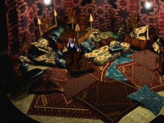Shadow Madness (PlayStation) screenshot: Lavishly decorated rooms aren't uncommon in this game. Wouldn't expect such warm luxury in an ominous tower, though